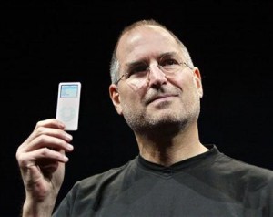 Steve Jobs holding up the new iPod Nano